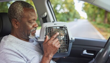 Senior Man Comforting Scared Cat in Carrier. Pet Adoption Day Stories. A senior man seated in a car gently putting his finger through the mesh of a cat carrier to comfort a visibly anxious cat.
