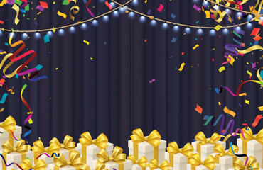 White gift boxes with golden ribbons falling confetti and streamers on dark purple curtain background horizontal banner for Christmas New Year celebration party birthday sale 
