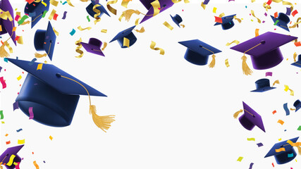 Graduation caps and colorful confetti flying on white background festive university commencement celebration banner design educational achievement ceremony vector illustration with copy space