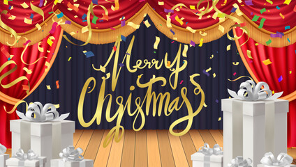 Merry Christmas golden lettering on luxury stage background with red curtains white gift boxes and falling colorful confetti Festive holiday banner for party invitation theater show 