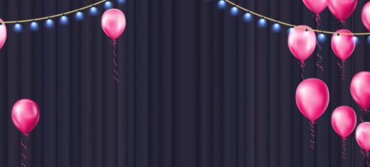 Pink balloons with fairy lights on dark purple curtain background horizontal banner for birthday party celebration night event luxury club invitation copy space center