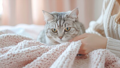 Woman Introducing New Cat to a Soft Blanket. Pet Adoption Day Stories. A woman's hand gently guiding a shy cat to sniff a soft clean blanket placed in its new home base area.
