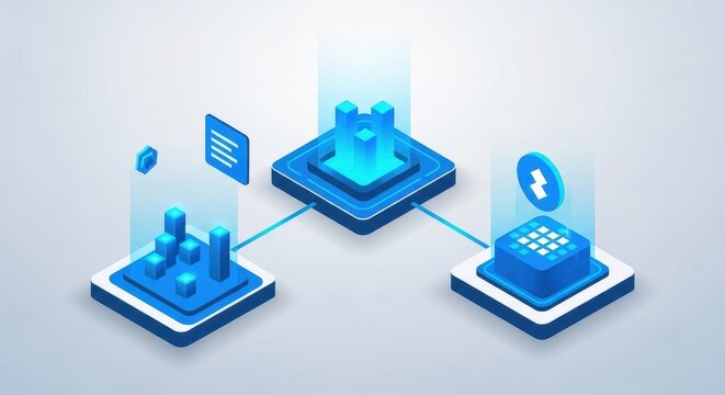Isometric data network with central hub and peripheral platforms showcasing connectivity - Powered by Adobe