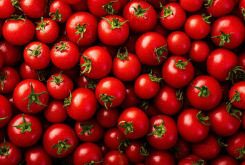 Pile of fresh, ripe cherry tomatoes with smooth, glossy red skin and green calyxes arranged in a dense cluster
