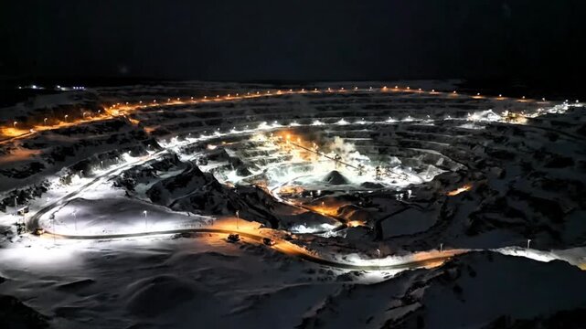 Illustrative video of gold and coal mines at night covered in snow, industry, mineral companies, 
