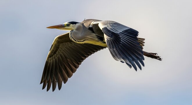 Majestic heron soars effortlessly against a backdrop of diffused light and scattered clouds in the