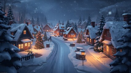 Charming winter village at night with snow-covered houses, glowing lights, and decorated Christmas trees. Festive holiday atmosphere with snowfall and cozy seasonal mood.