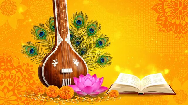 Saraswati Puja Vasant Panchami Veena Lotus Book Yellow Background