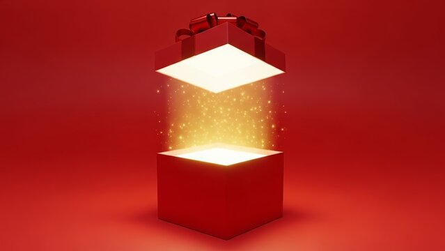 A magical red gift box opening with brilliant golden light and sparkling particles