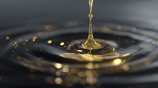 Golden liquid dripping into water creating ripples with sparkles