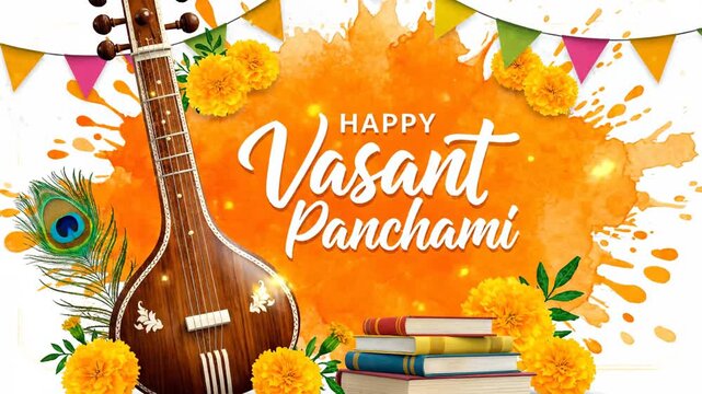 Happy Vasant Panchami Festival Banner with Veena Books and Flowers