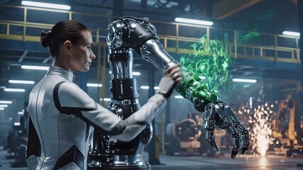 A woman in a futuristic lab interacts with a holographic interface controlling a robotic arm - Powered by Adobe