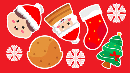Red background features a christmas tree santa face and stocking stickers 4K pattern video