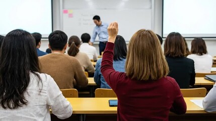 Engaged student raises hand to ask question in a modern university lecture hall, focused on interactive learning and academic discussion - Powered by Adobe