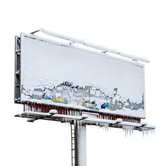 Snowy billboard, winter scene isolated on transparent background