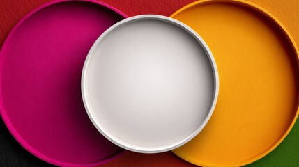 Abstract composition of magenta, yellow, and orange circles forming a clean white center, ideal for modern branding, infographics, and bold graphic design backgrounds.