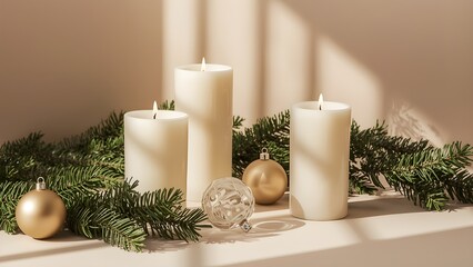 Elegant Christmas still life with white candles, evergreen branches, and neutral ornaments in soft natural light. Minimal festive decor creating a calm, cozy holiday atmosphere.
