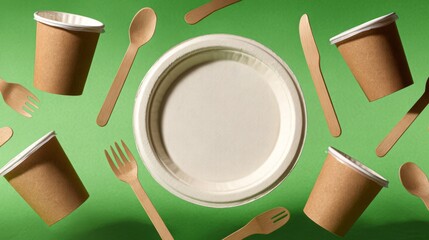 Brown cups, wooden cutlery and a compostable plate hover over a vivid green backdrop, creating a fresh, modern visual ideal for branding sustainable food service.