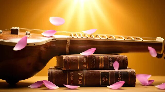 Veena and Old Books with Falling Rose Petals Saraswati Puja Vasant Panchami