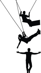 Black silhouette of people swinging and jumping in the air, captured in motion against a white background for summer fun and outdoor activities.