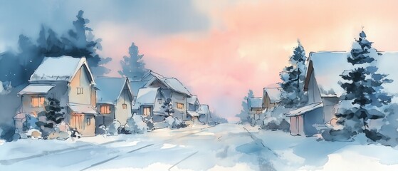 A serene winter landscape showcasing snow-covered houses and trees under a pastel sky at dusk.