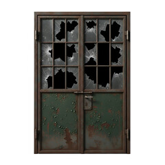 Dilapidated metal door with broken glass isolated on transparent background