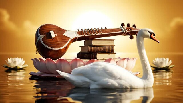 Saraswati Puja Divine Symbolism Swan Sitar Books Lotus Sunset
