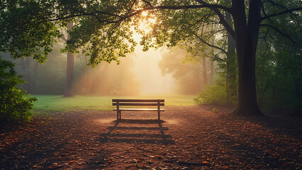 Serene park bench in morning fog isolated on white background