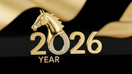 Golden horse head with diamonds on 2026 year text