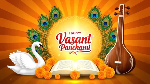Happy Vasant Panchami Celebration Swan Veena Book Peacock Feathers
