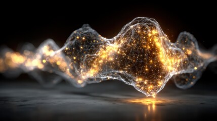 Abstract futuristic 3D render of a glowing digital network with particles on dark background