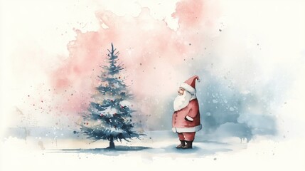 Fototapeta premium A whimsical watercolor illustration featuring Santa Claus admiring a decorated Christmas tree in a serene winter landscape.