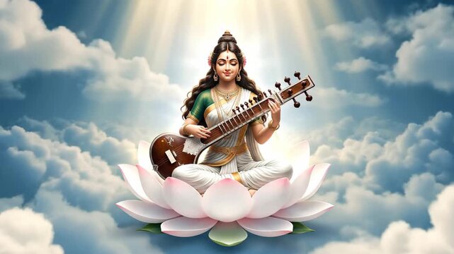 Goddess Saraswati playing Veena on Lotus Flower amidst Clouds