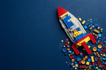 Vibrant Lego rocket launching into colorful chaos on dark blue background