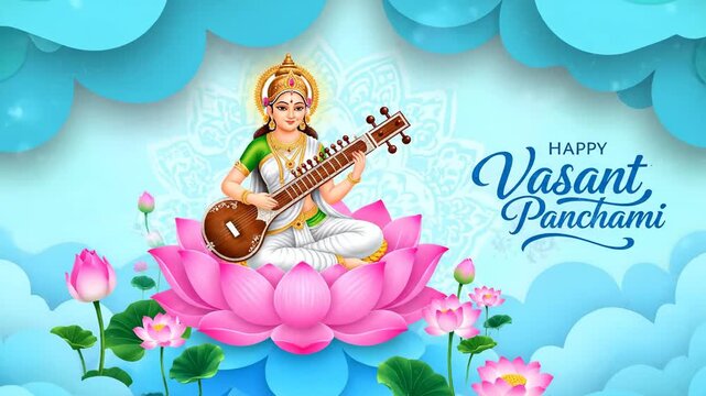 Happy Vasant Panchami Goddess Saraswati on Pink Lotus Background