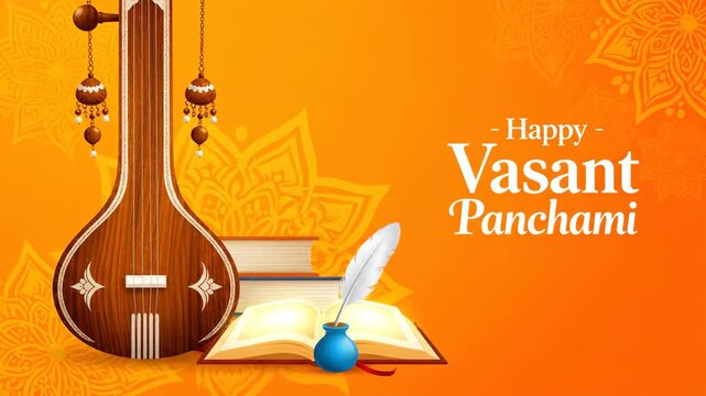 Happy Vasant Panchami Festival Saraswati Puja Veena Books Knowledge