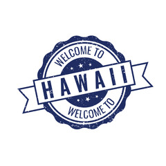 Blue vintage style circular stamp with welcome to Hawaii text and decorative ribbon on white background