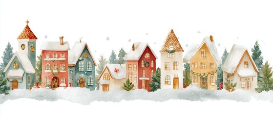 Charming winter houses blanketed in snow, creating a festive and cozy atmosphere for the holiday season.
