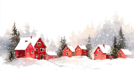Charming winter landscape featuring vibrant red houses surrounded by snowy trees, evoking a cozy holiday atmosphere.