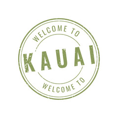 Welcome to Kauai Hawaii travel stamp illustration featuring a vintage green tropical island tourism design