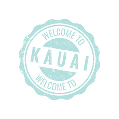Teal blue vintage postage stamp illustration welcoming travelers to Kauai Hawaii tropical beach island getaway