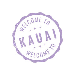 Purple wavy circle rubber stamp design welcoming tourists to Kauai Hawaii garden isle travel destination