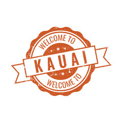 Orange vintage rubber stamp with ribbon banner welcoming visitors to Kauai Hawaii tropical island paradise