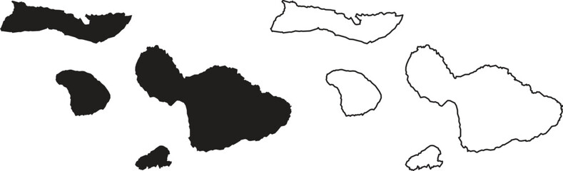 Maui county map set with black silhouette and outline version isolated on white background element