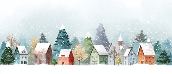 Charming winter landscape with colorful houses surrounded by snow-covered trees, evoking a serene and festive atmosphere.