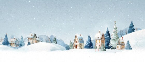 Charming winter landscape with cozy cottages nestled in snowy hills, surrounded by snow-covered trees, creating a serene holiday vibe.