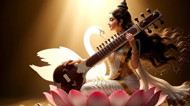 Goddess Saraswati Playing Veena on Lotus Flower Digital Art