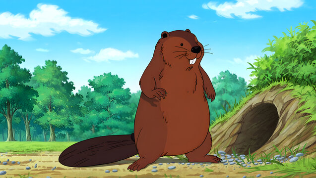 A happy cartoon beaver stands outside its cozy burrow home in a bright, sunny forest setting