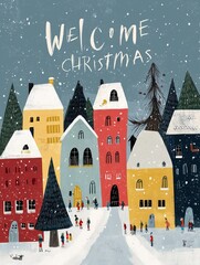 Charming winter village scene adorned with colorful houses, festive decorations, and snow, inviting the warmth of Christmas spirit.