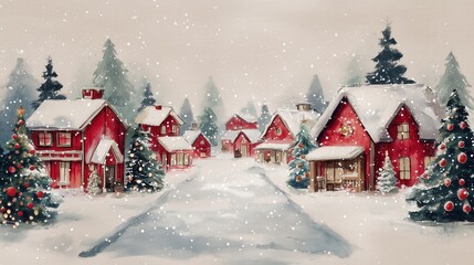 Charming winter scene with red houses, snow-covered streets, and evergreen trees in a serene snowy landscape.